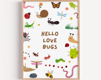 May include: A framed print featuring colorful illustrations of various insects, including a ladybug, butterfly, and snail, on a white background. The words "HELLO LOVE BUGS" are centered. The frame is a light brown color.
