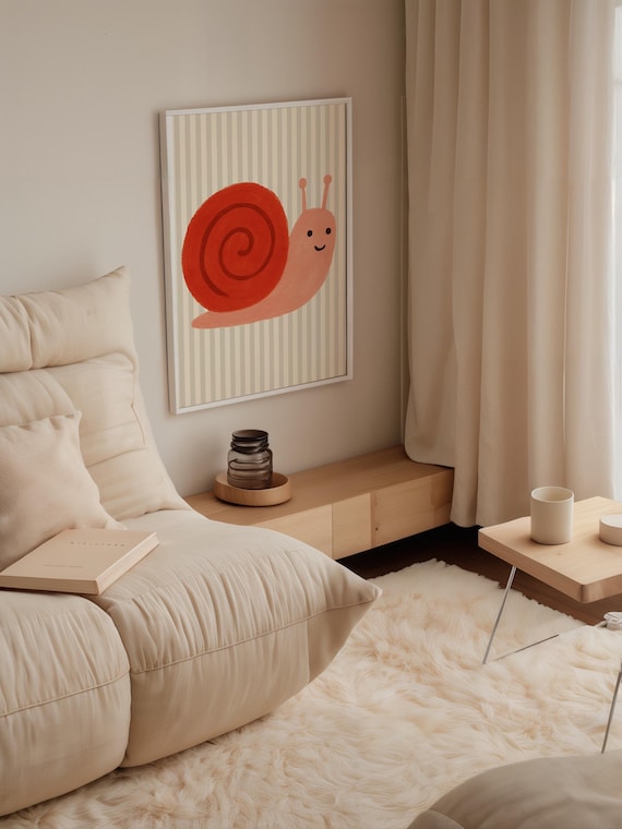 Happy Snail Print: Whimsical Animal Art, Soft Colors
