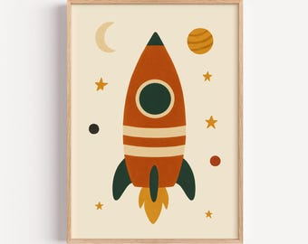 Retro Rocket Rolled Poster – Vintage Space Wall Art for Kids Room, Nursery, Playroom | Unframed Rocket Ship Print, Outer Space Decor