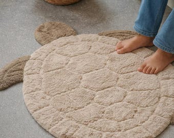Alfombra de algodón tejida a mano con forma de tortuga / Alfombra suave para niños / Decoración marina para guardería o sala de juegos