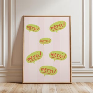 Merci Speech Bubble Poster: French Thank You Art, Pink & Green Retro Print