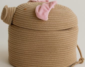 Pig Rope Storage Basket with Lid | Handwoven Kids Organizer | Nursery Playroom Decor