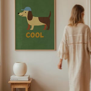 クールなダックスフントのデジタルウォールアート｜子供部屋や保育園に使える帽子をかぶった犬のプリント｜かわいい動物のデコレーション