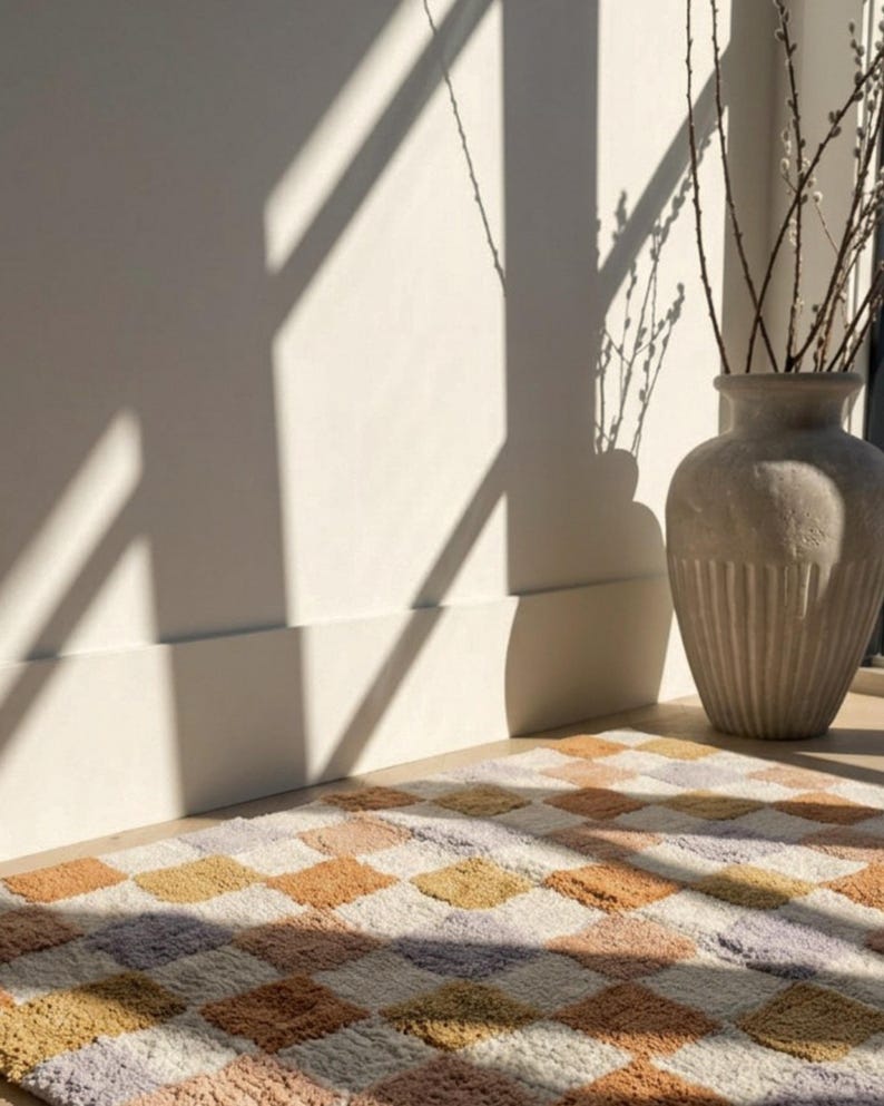 Puede incluir: Una alfombra geom&eacute;trica con dise&ntilde;o de rombos en tonos melocot&oacute;n, naranja, amarillo y lavanda. Un jarr&oacute;n texturizado contiene ramas con brotes. La luz del sol proyecta sombras en la pared. Decoraci&oacute;n interior.