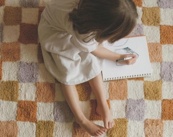 Alfombra de algodón tejida a mano con diseño de tablero de ajedrez / 150 x 170 cm Decoración para sala de juegos o habitación infantil
