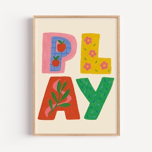 PLAY Typography Print: Colorful Kids Wall Art with Nature Motifs (Digital Download