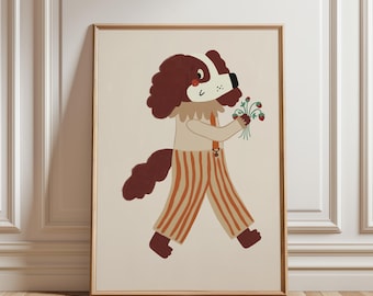 May include: A brown and white dog wearing orange and white striped pants and a brown bow tie holds a bouquet of red flowers.