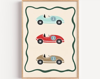 Vintage Race Cars Art Print for Kids Room - Fun Nursery Decor (Digital Download)