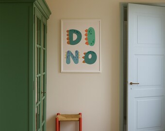 Lámina artística con letras de dinosaurios para habitación infantil: divertida decoración infantil de dinosaurios (descarga digital)