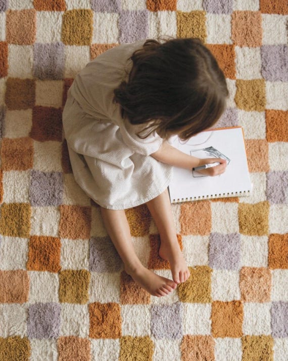 Vintage Checkerboard Rug, Hand-Tufted Cotton Checkered Design, Cozy Nursery & Playroom Decor
