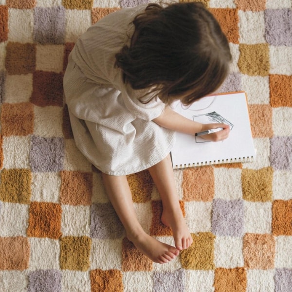 Vintage Checkerboard Rug, Hand-Tufted Cotton Checkered Design, Cozy Nursery & Playroom Decor