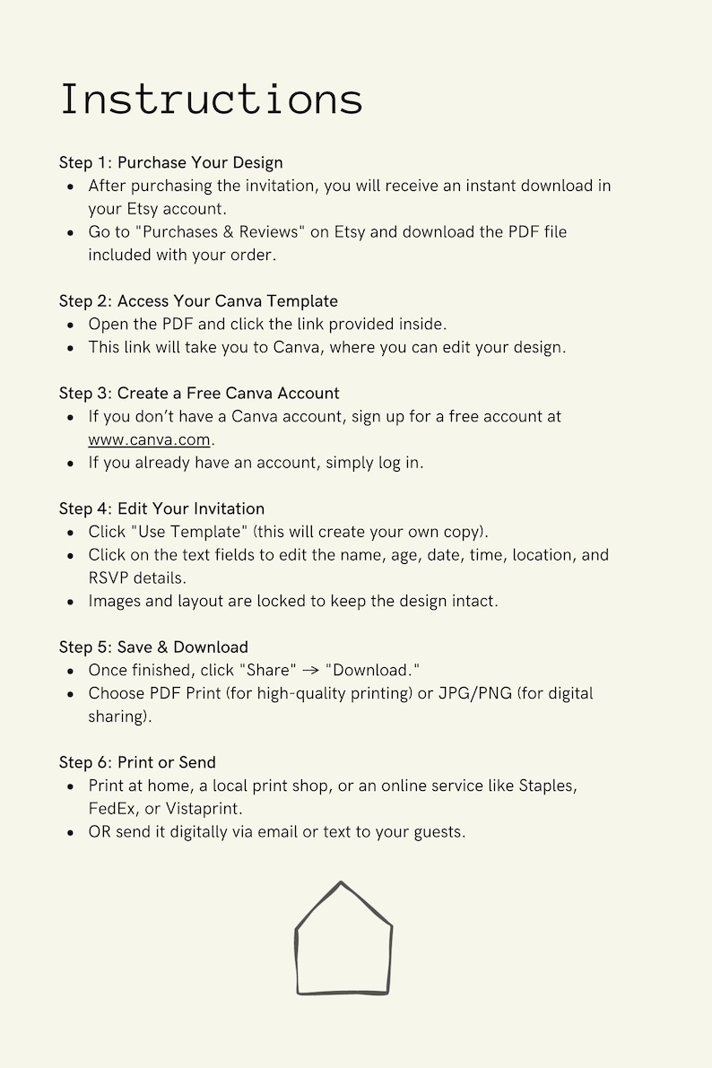 May include: Instructions for editing a Canva invitation template. The steps include purchasing the design, accessing the Canva template, creating a free Canva account, editing the invitation, saving and downloading the design, and printing or sending the invitation.