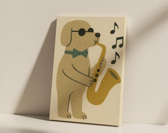 Saxophone Dog Canvas Art: Funny Jazz Print for Kids Room (Unframed)