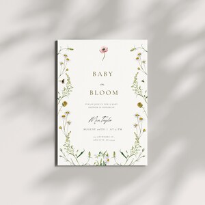 Faire-part de douche bébé en fleurs - modèle d'invitation florale modifiable pour baby shower pour filles - carte de toile imprimable Boho fleurs sauvages