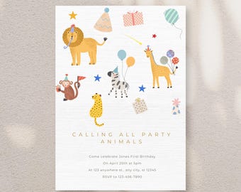Safari Birthday Invitation: Jungle Animals, Wild One Party (Digital Download)