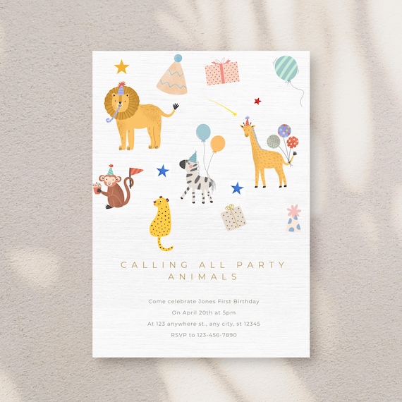 Safari Birthday Invitation: Jungle Animals, Wild One Party (Digital Download)