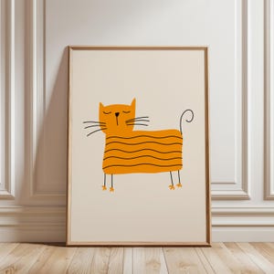 Abstract Orange Cat Digital Print, Playful Minimalist Wall Art, Home & Kids Room Decor