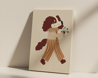 Whimsical Dog with Flowers Print: Nursery Wall Art