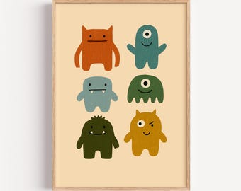 カラフルなモンスターのアートプリント：遊び心のある子供部屋の装飾（デジタルダウンロード）