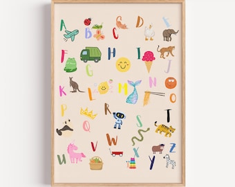 May include: A framed alphabet poster featuring colorful illustrations of animals and objects, each paired with a letter. The artwork includes a ladybug, a truck, a smiling face, an ice cream cone, a kangaroo, a mermaid tail, and a zebra.