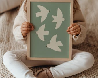 Minimalist Bird Wall Art – Scandinavian Neutral Digital Print, Sage Green Decor