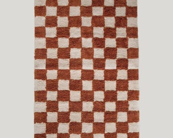 Alfombra de algodón tejida a mano con diseño de cuadros terracota / Alfombra cálida para sala de juegos infantil / Decoración para el suelo de la habitación del bebé