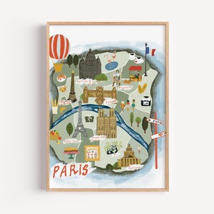 気まぐれなパリ市街地図のロールポスター – 子供部屋や旅行好きの方にぴったりのフランスのランドマークのイラスト入り | フレームなし壁飾りプリント
