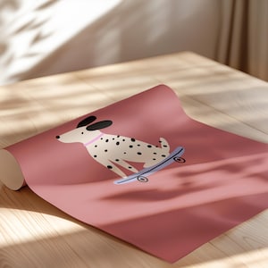 Dalmatian Dog on Skateboard Poster - Minimalist Pet Illustration for Kids Room or Nursery Decor  | Rolled Posters