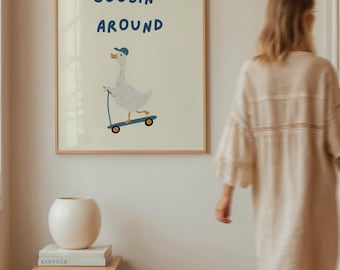 Stampa di un'oca con scooter: decorazione divertente per la cameretta dei bambini (download digitale)
