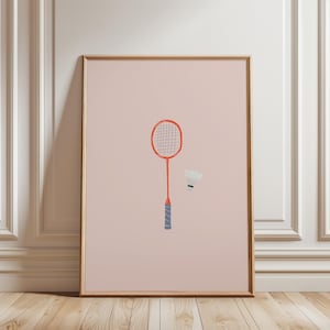 Badminton Digital Print - Pink Minimalist Racket and Shuttlecock Design - Printable Wall Art
