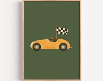 Checkered Flag Race Car Print for Kids Room - Fun Racing Nursery Decor (Digital Download)