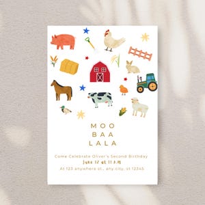 May include: A colorful invitation with farm animals and a red barn. The text reads "MOO BAA LALA Come Celebrate Oliver's Second Birthday June 12 at 11 A.M At 123 anywhere st., any city, st 12345"