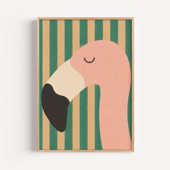 Minimalist Flamingo Print: Pink Bird, Green Stripes (Rolled Poster)