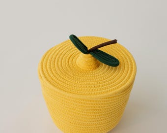 Lemon Yellow Rope Basket with Lid | Handwoven Kids Organizer | Playroom Nursery Decor