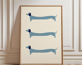 May include: A digital print featuring three blue dachshund dogs in a row on a cream background. The dogs are all facing the left side of the image.