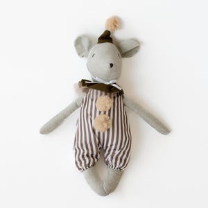 Handmade Whimsy Mouse Plush: Cotton Linen Toy, Striped Outfit