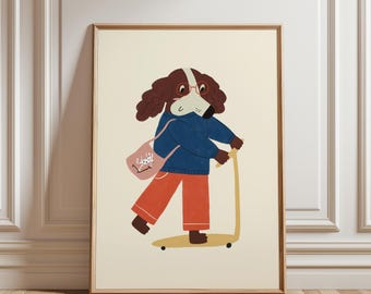 Dog on Skateboard Art Print – Playful Puppy Illustration (Digital Download)