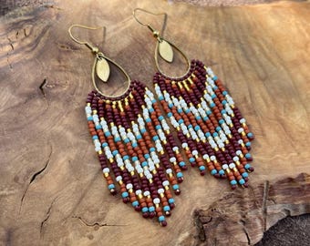 Bohemian Seed Bead Fringe Handmade Earrings | Teardrop Brass Charms | Earth Tones | Gift For Her