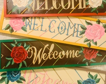 Hand Painted Vintage Inspired Letering Roses Welcome Wooden Sign Door Hanger Ready to Ship