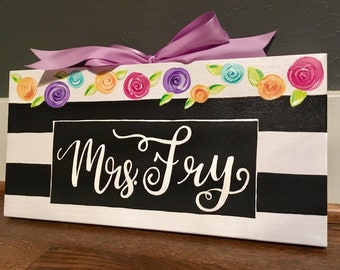 Kate Spade Inspired Teacher Name Canvas Stripes Flowers Custom Sign Door Hanger Classroom Decor