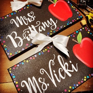 Classic Apple School Teacher Name Gift Classroom Decor Custom Painted Canvas Sign Door Hanger