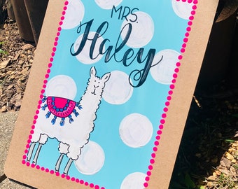 Llama Teacher Name Custom Painted Clipboard