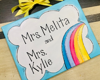 Happy Rainbow Custom Classroom Sign Door Hanger Teacher Assistant PreK Preschool Painting