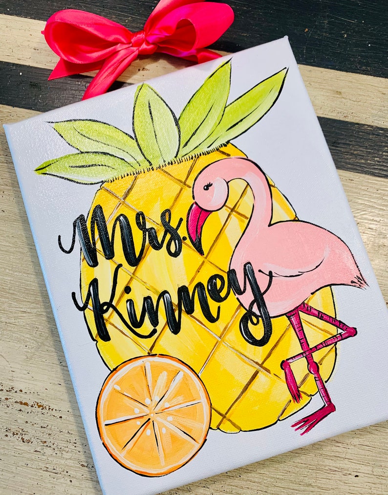 Tropical Pineapple Flamingo Hand Painted Sign Custom Name Etsy