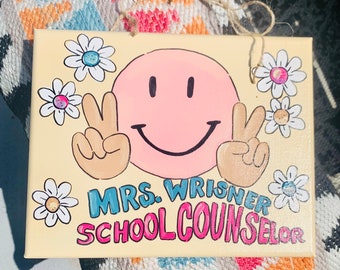 Groovy Boho School Teacher Counselor Name Hand Painted Custom Sign Door Hanger Gift