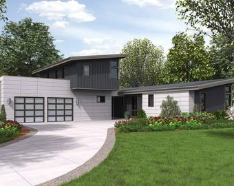 May include: A modern, two-story house with a white exterior and a gray roof. The house has a large garage door and a driveway leading up to it. There are trees and bushes in the front yard.