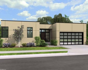 May include: A modern, single-storey house with a flat roof, beige exterior, and black windows. The house has a garage door with black panels and a front door with a glass panel.