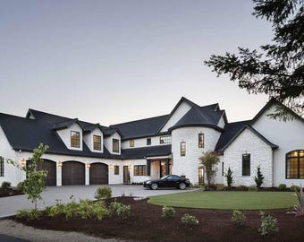 May include: A large, white, two-story house with a black roof and black trim. The house has a large garage with three doors and a black car parked in front of it. The house is surrounded by a lush green lawn and trees.