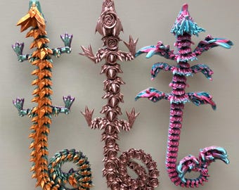 Long Dragon Fidget Toy, 3D Printed, Articulated Collection - Rose, Sea, Crystal Dragons, Flexible & Poseable Toy / Display Piece