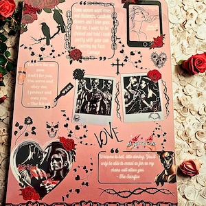 May include: A pink decorative plaque with gothic-themed illustrations and text. The design includes roses, skulls, and romantic quotes. The plaque features black and white images, chains, and heart-shaped elements.